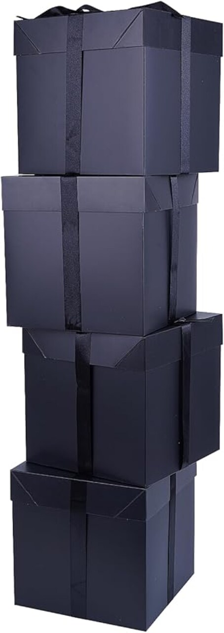 8.7" Square Black Gift Boxes with Lids, 4 Pack – Premium Matte Finish Medium Cardboard Boxes with Ribbons – Luxury Collapsible Gift Packaging for Weddings, Birthdays, Anniversaries & Groom Proposals